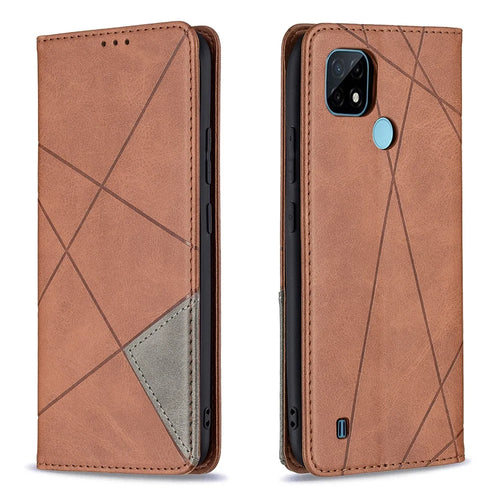 For Realme C21 / C20 Rhombus-Like Imprinting Leather Stand Case Card Holder Shell [With Fingerprint Hole] - Brown - 1
