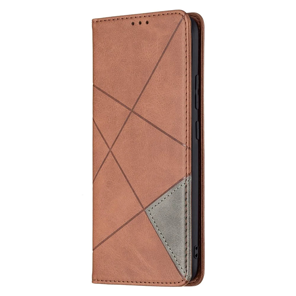 For Realme C21 / C20 Rhombus-Like Imprinting Leather Stand Case Card Holder Shell [With Fingerprint Hole] - Brown - 2