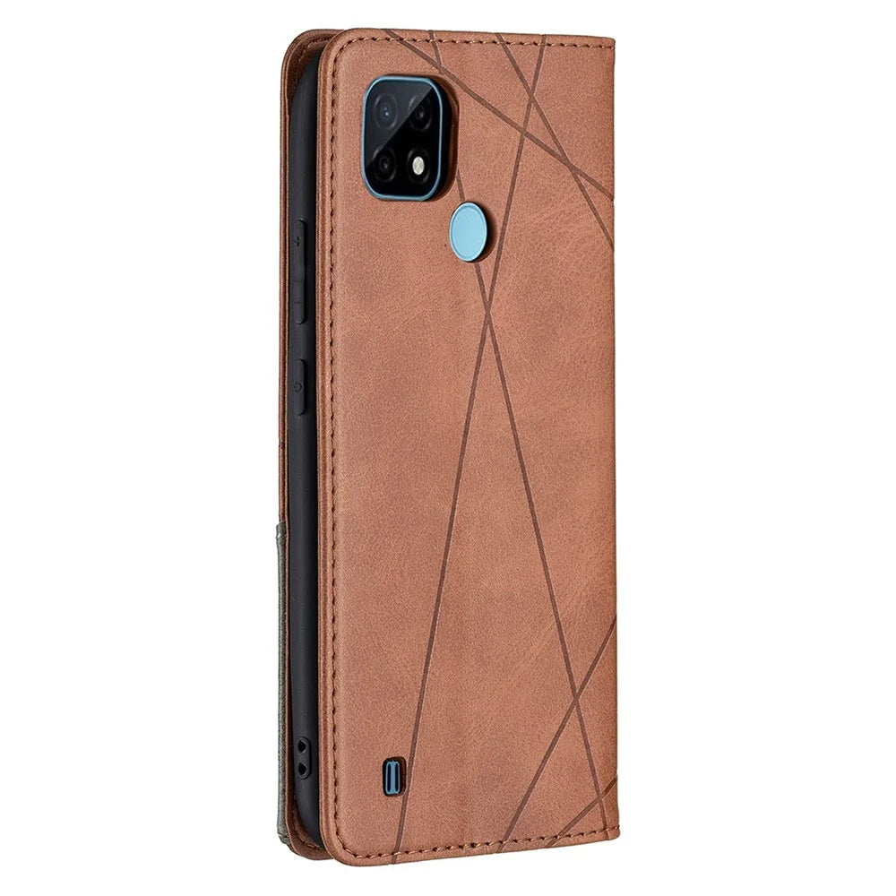 For Realme C21 / C20 Rhombus-Like Imprinting Leather Stand Case Card Holder Shell [With Fingerprint Hole] - Brown - 3