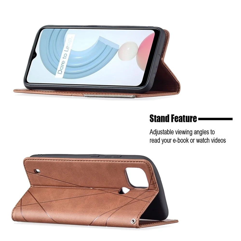 For Realme C21 / C20 Rhombus-Like Imprinting Leather Stand Case Card Holder Shell [With Fingerprint Hole] - Brown - 4