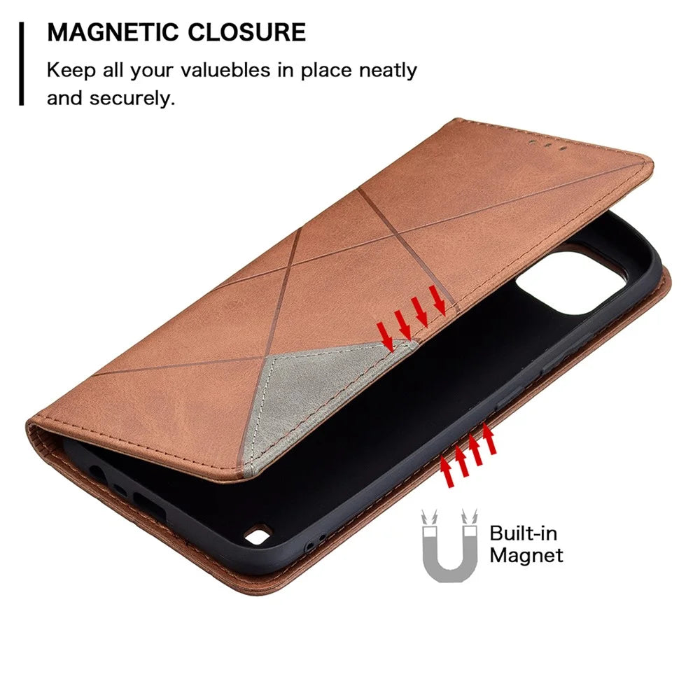 For Realme C21 / C20 Rhombus-Like Imprinting Leather Stand Case Card Holder Shell [With Fingerprint Hole] - Brown - 5