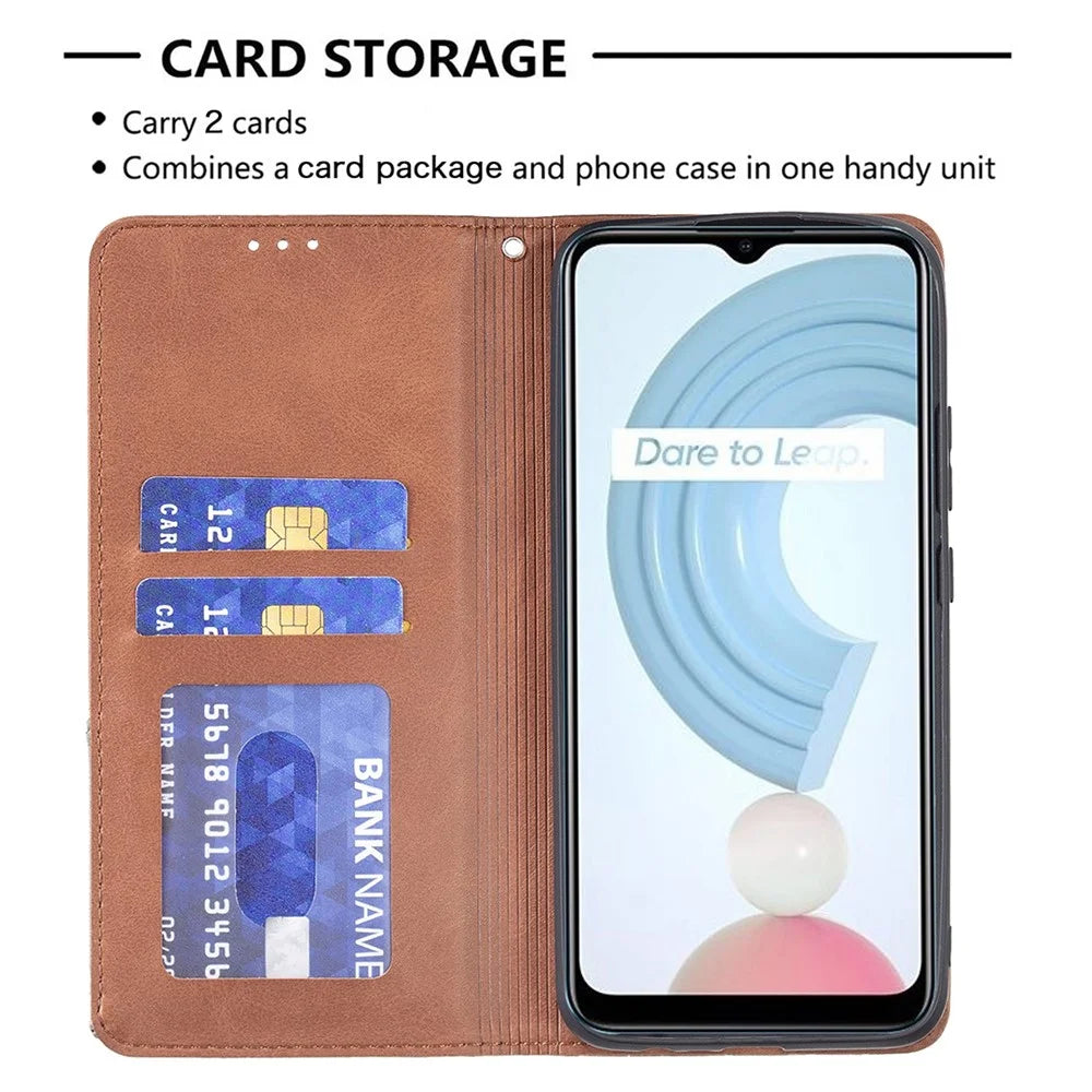For Realme C21 / C20 Rhombus-Like Imprinting Leather Stand Case Card Holder Shell [With Fingerprint Hole] - Brown - 6