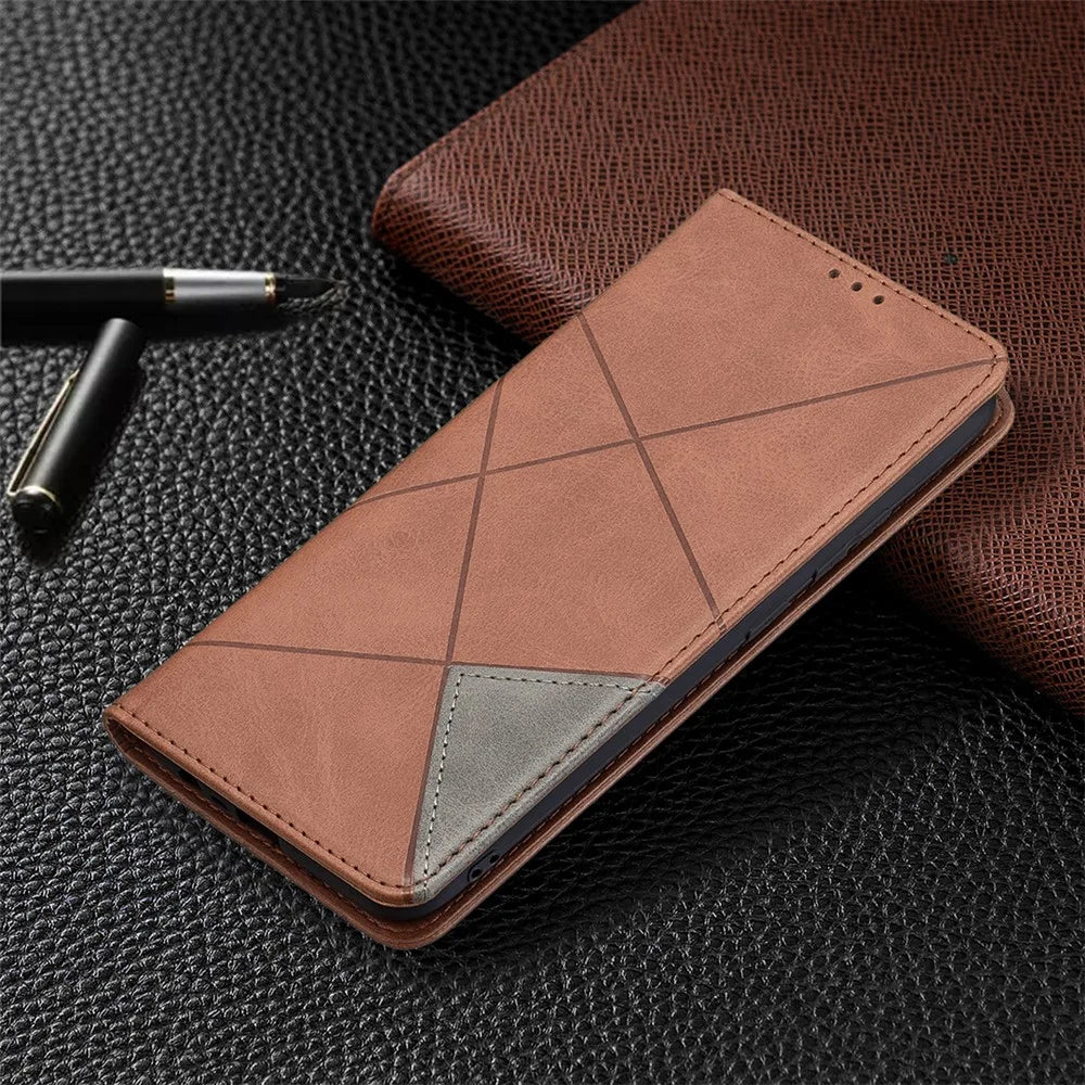 For Realme C21 / C20 Rhombus-Like Imprinting Leather Stand Case Card Holder Shell [With Fingerprint Hole] - Brown - 7