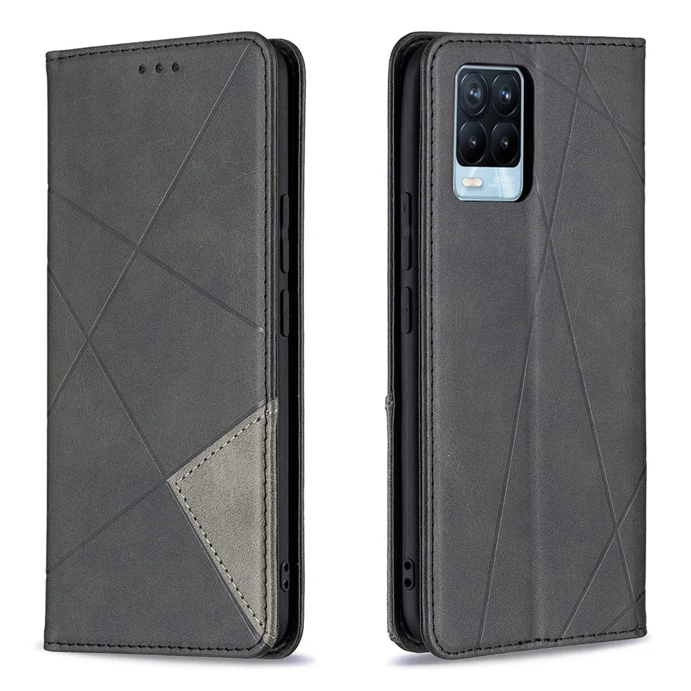 For Realme 8 / 8 Pro Rhombus-Like Imprinting Drop-Proof Leather Stand Case Card Holder Shell - Black - 1