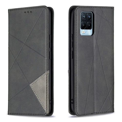 For Realme 8 / 8 Pro Rhombus-Like Imprinting Drop-Proof Leather Stand Case Card Holder Shell - Black - 1
