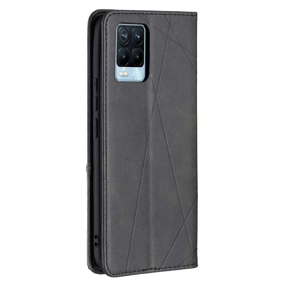 For Realme 8 / 8 Pro Rhombus-Like Imprinting Drop-Proof Leather Stand Case Card Holder Shell - Black - 3
