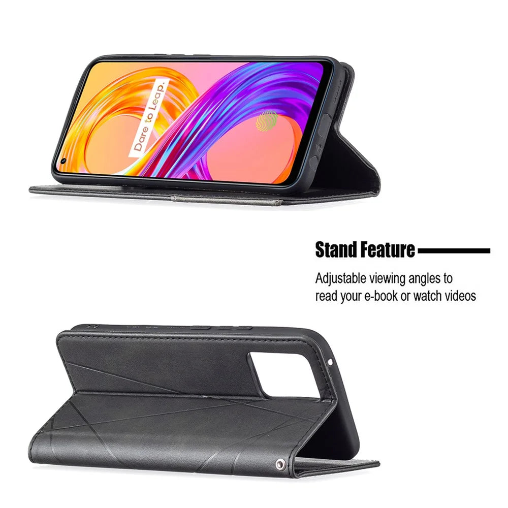 For Realme 8 / 8 Pro Rhombus-Like Imprinting Drop-Proof Leather Stand Case Card Holder Shell - Black - 4