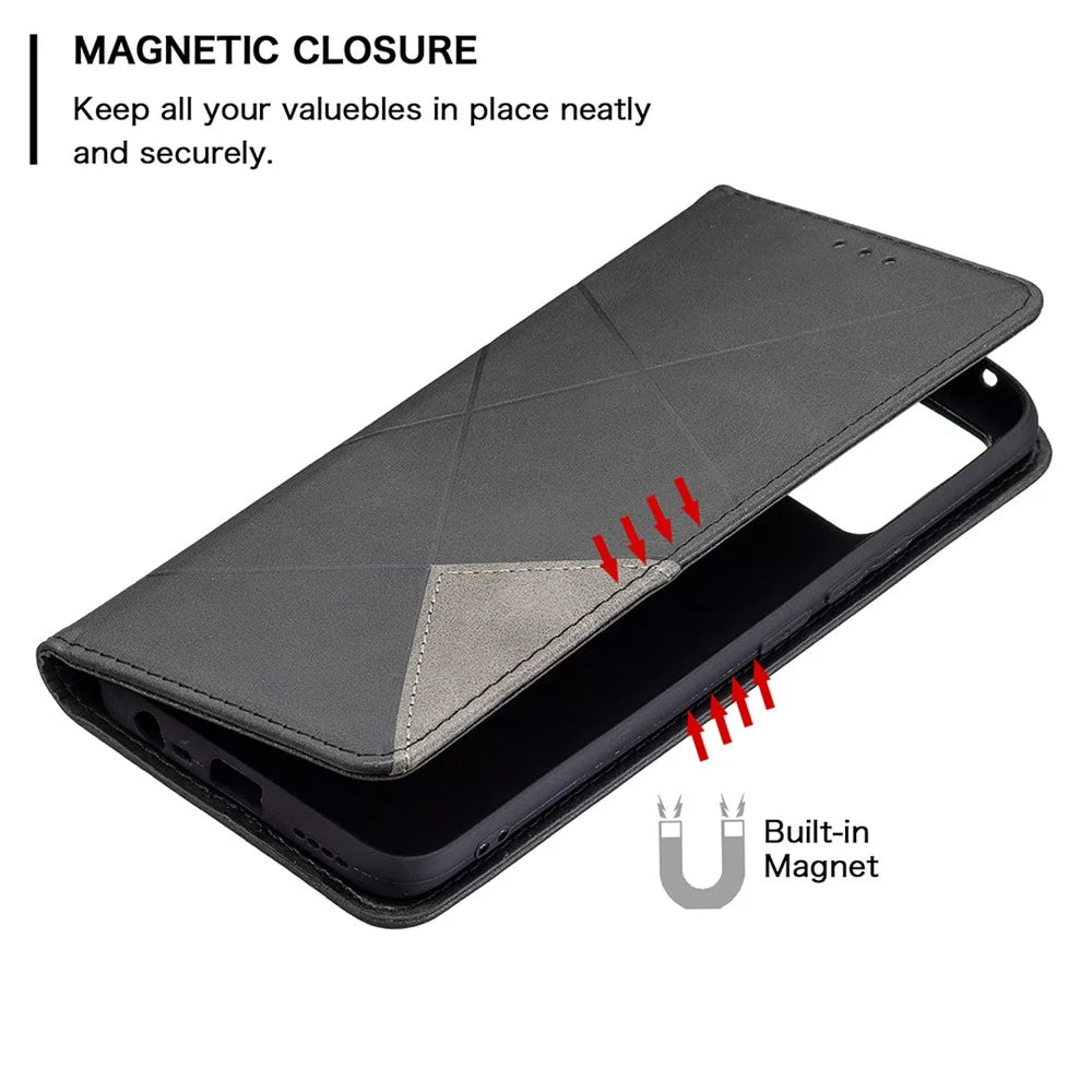 For Realme 8 / 8 Pro Rhombus-Like Imprinting Drop-Proof Leather Stand Case Card Holder Shell - Black - 5
