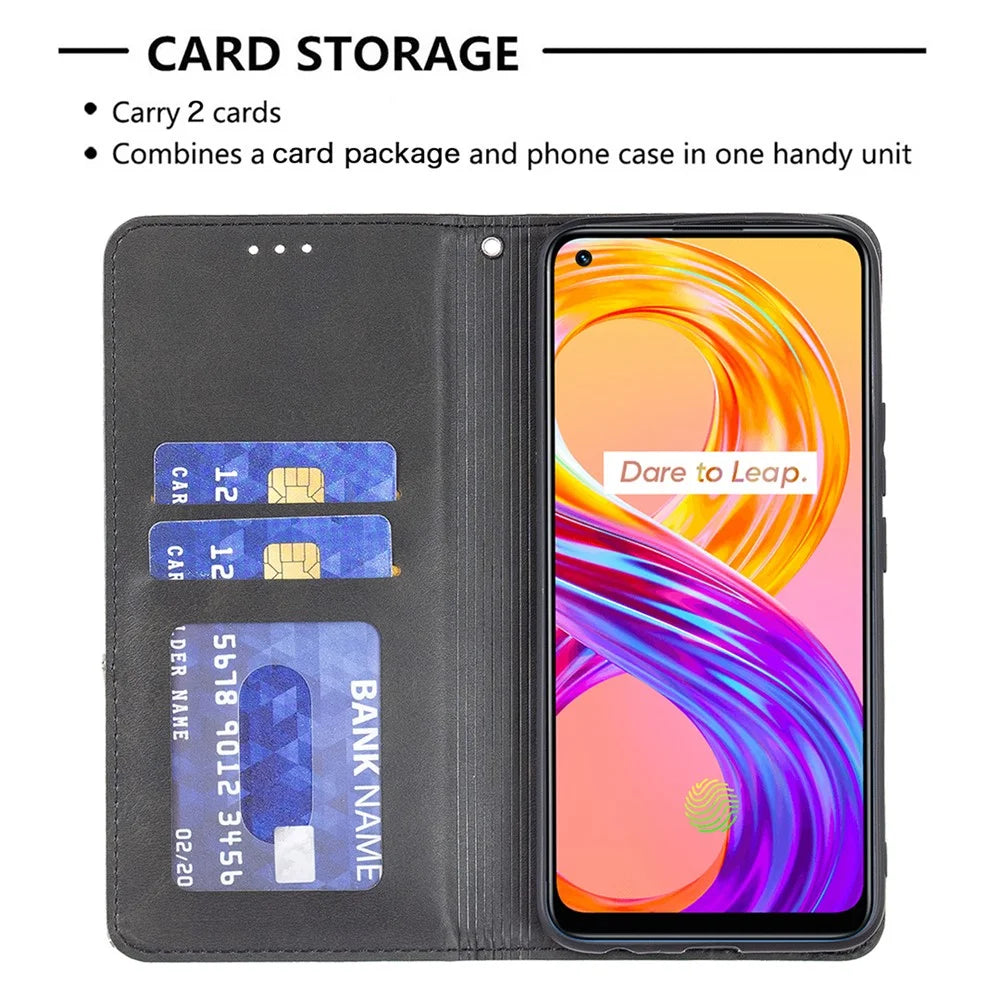 For Realme 8 / 8 Pro Rhombus-Like Imprinting Drop-Proof Leather Stand Case Card Holder Shell - Black - 6