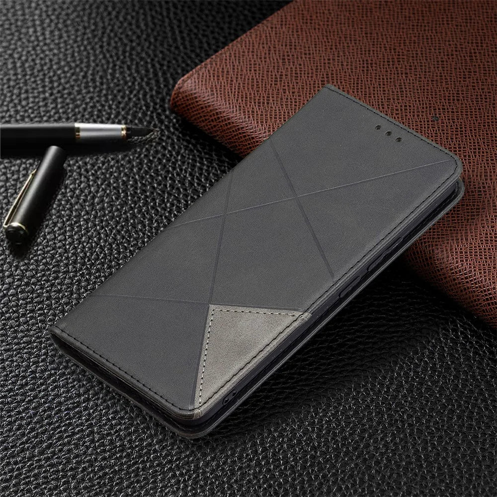 For Realme 8 / 8 Pro Rhombus-Like Imprinting Drop-Proof Leather Stand Case Card Holder Shell - Black - 7