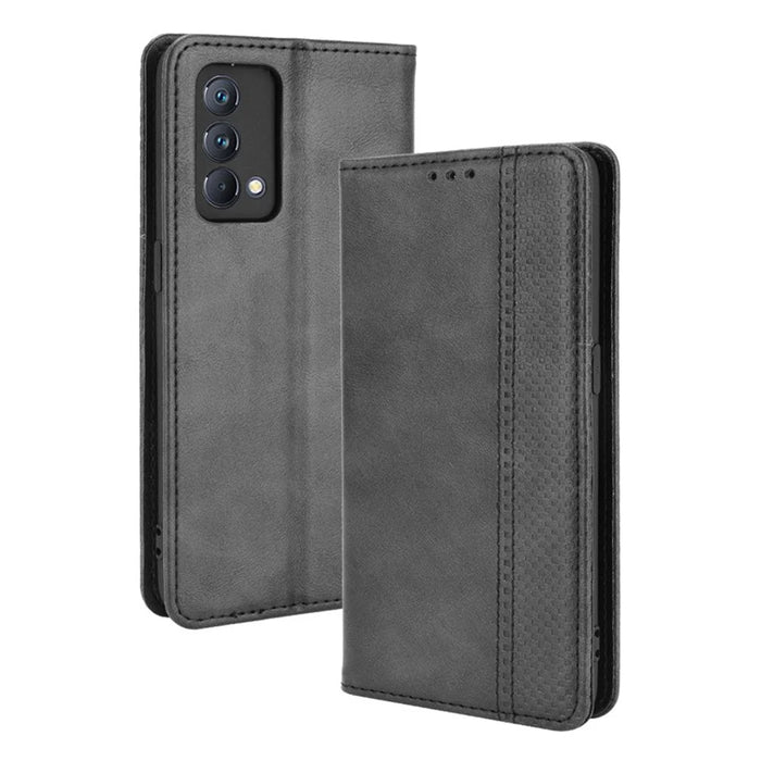 Vintage Style Auto-absorbed Folio Flip Leather Phone Case Shell with Wallet Stand for Realme GT Master - Black - 1