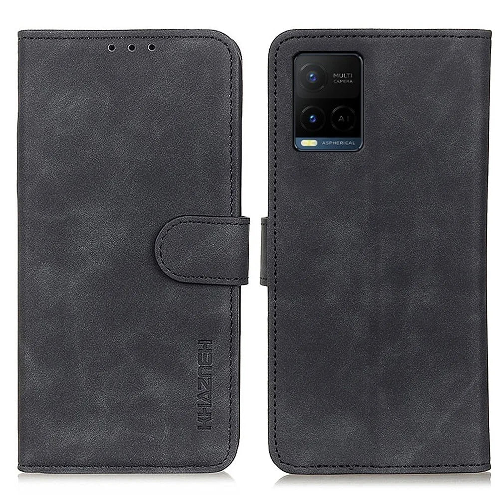 KHAZNEH Retro Grain PU Leather Phone Cover Wallet Standing Phone Case for vivo Y33s/Y21/Y21s - Black - 1