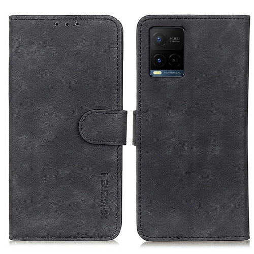 KHAZNEH Retro Grain PU Leather Phone Cover Wallet Standing Phone Case for vivo Y33s/Y21/Y21s - Black - 1