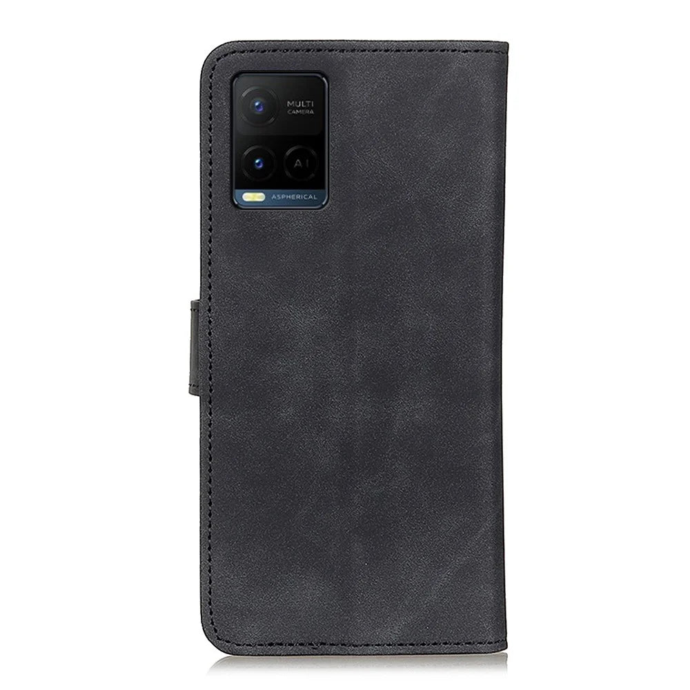 KHAZNEH Retro Grain PU Leather Phone Cover Wallet Standing Phone Case for vivo Y33s/Y21/Y21s - Black - 3
