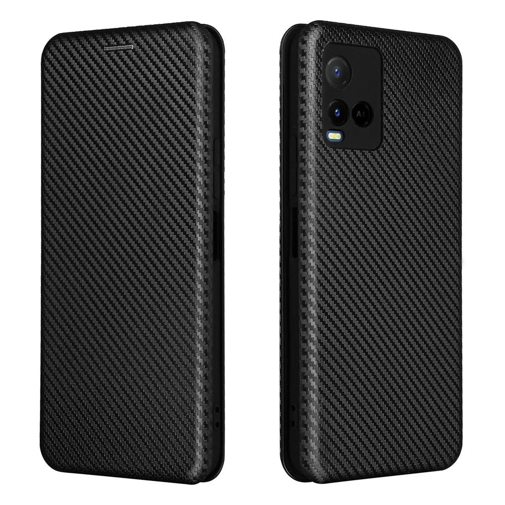 Carbon Fiber Texture Well-Protected Stylish Precise Cutout Auto-absorbed Leather Phone Case with Card Slot for vivo Y21/Y33s - Black - 1