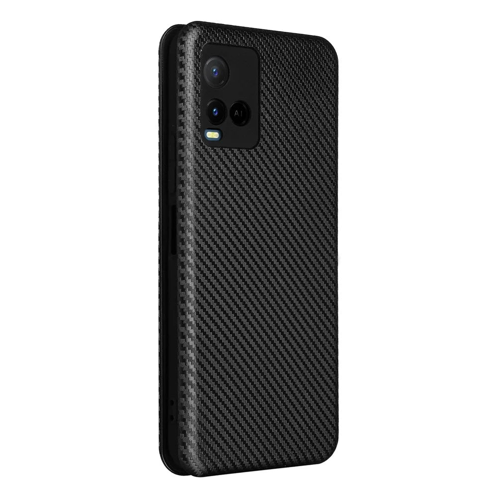 Carbon Fiber Texture Well-Protected Stylish Precise Cutout Auto-absorbed Leather Phone Case with Card Slot for vivo Y21/Y33s - Black - 3