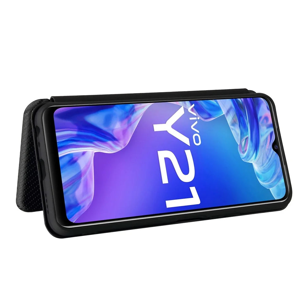 Carbon Fiber Texture Well-Protected Stylish Precise Cutout Auto-absorbed Leather Phone Case with Card Slot for vivo Y21/Y33s - Black - 5