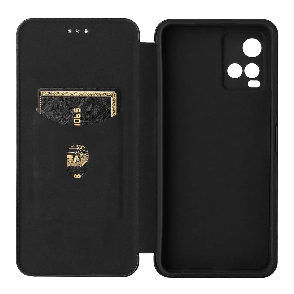 Carbon Fiber Texture Well-Protected Stylish Precise Cutout Auto-absorbed Leather Phone Case with Card Slot for vivo Y21/Y33s - Black - 7