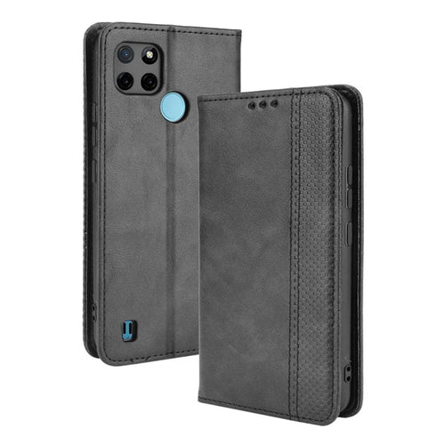Imprinting Pattern Vintage Style Strong Magnet Phone Wallet Stand Case Leather Cover for Realme C21Y - Black - 1