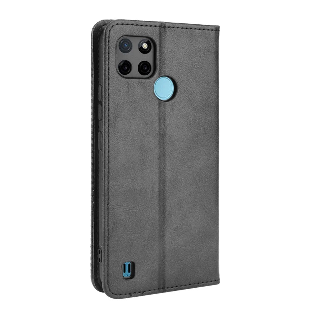 Imprinting Pattern Vintage Style Strong Magnet Phone Wallet Stand Case Leather Cover for Realme C21Y - Black - 3