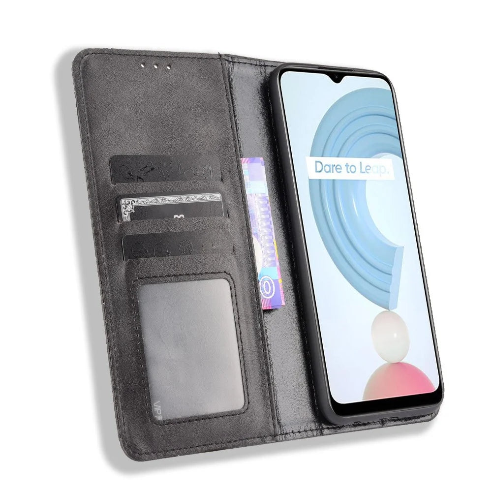 Imprinting Pattern Vintage Style Strong Magnet Phone Wallet Stand Case Leather Cover for Realme C21Y - Black - 4