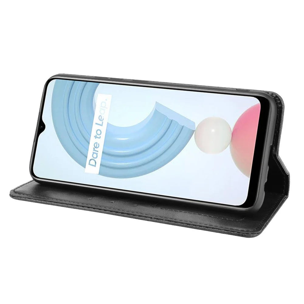 Imprinting Pattern Vintage Style Strong Magnet Phone Wallet Stand Case Leather Cover for Realme C21Y - Black - 5