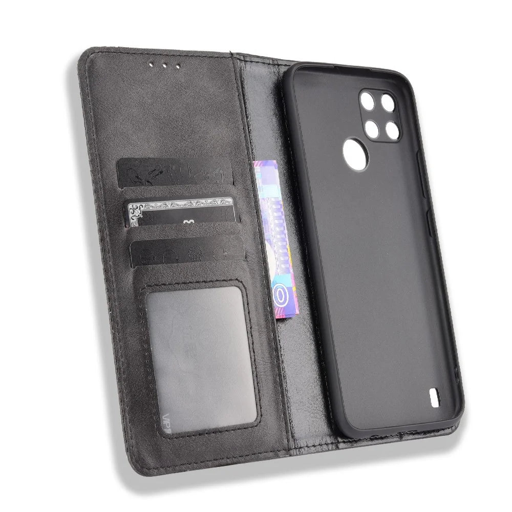 Imprinting Pattern Vintage Style Strong Magnet Phone Wallet Stand Case Leather Cover for Realme C21Y - Black - 6
