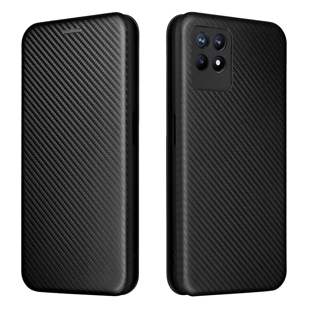 Carbon Fiber Texture Auto-absorbed Leather Stand Phone Shell Case with Ring Strap for Realme 8i - Black - 1