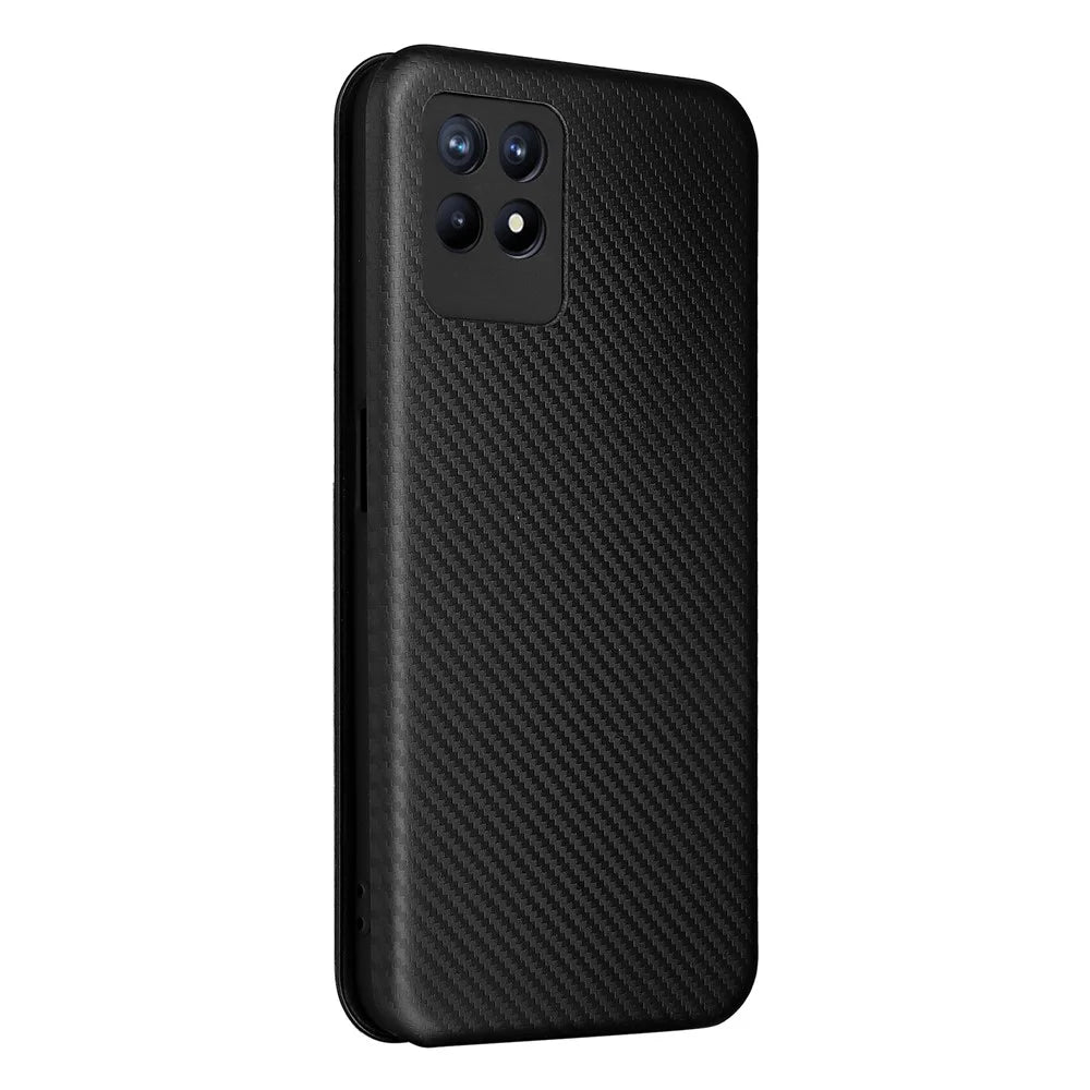 Carbon Fiber Texture Auto-absorbed Leather Stand Phone Shell Case with Ring Strap for Realme 8i - Black - 3