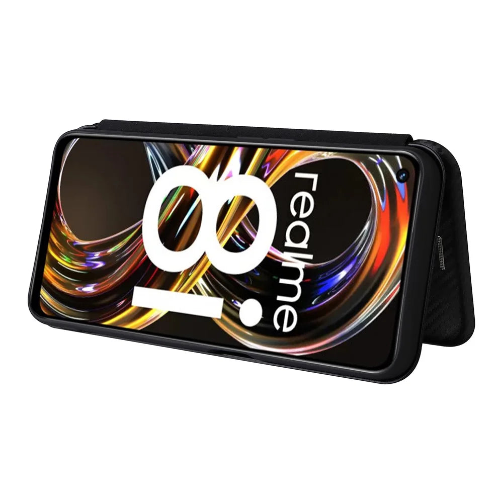Carbon Fiber Texture Auto-absorbed Leather Stand Phone Shell Case with Ring Strap for Realme 8i - Black - 4