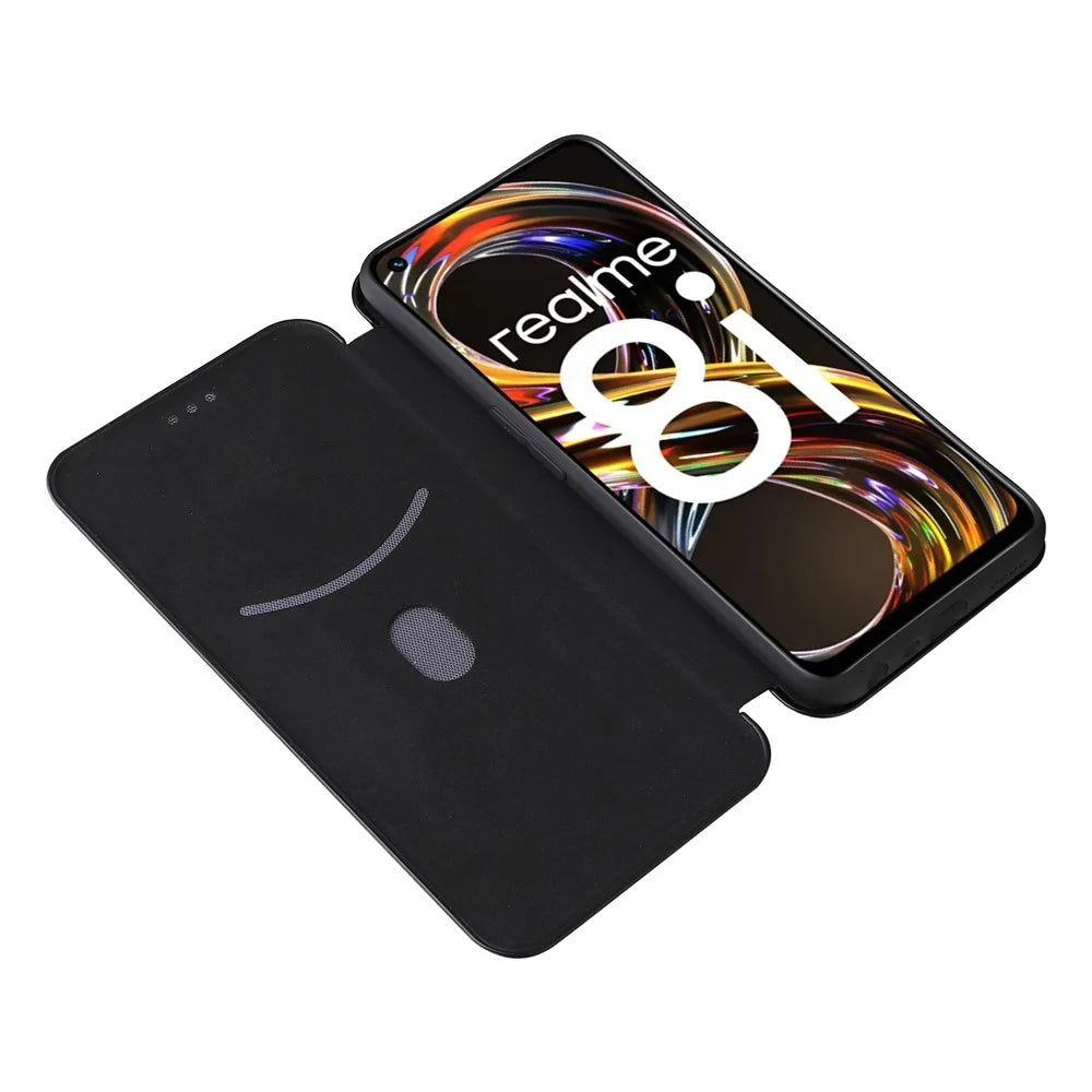 Carbon Fiber Texture Auto-absorbed Leather Stand Phone Shell Case with Ring Strap for Realme 8i - Black - 5