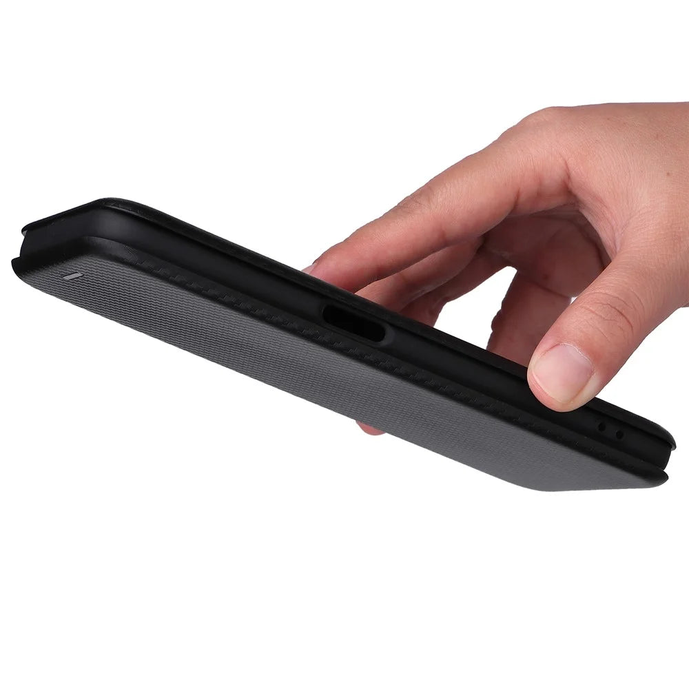 Carbon Fiber Texture Auto-absorbed Leather Stand Phone Shell Case with Ring Strap for Realme 8i - Black - 6