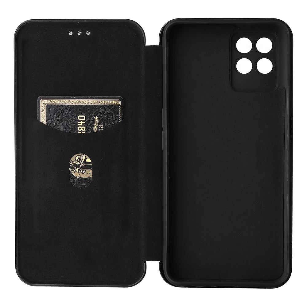 Carbon Fiber Texture Auto-absorbed Leather Stand Phone Shell Case with Ring Strap for Realme 8i - Black - 7