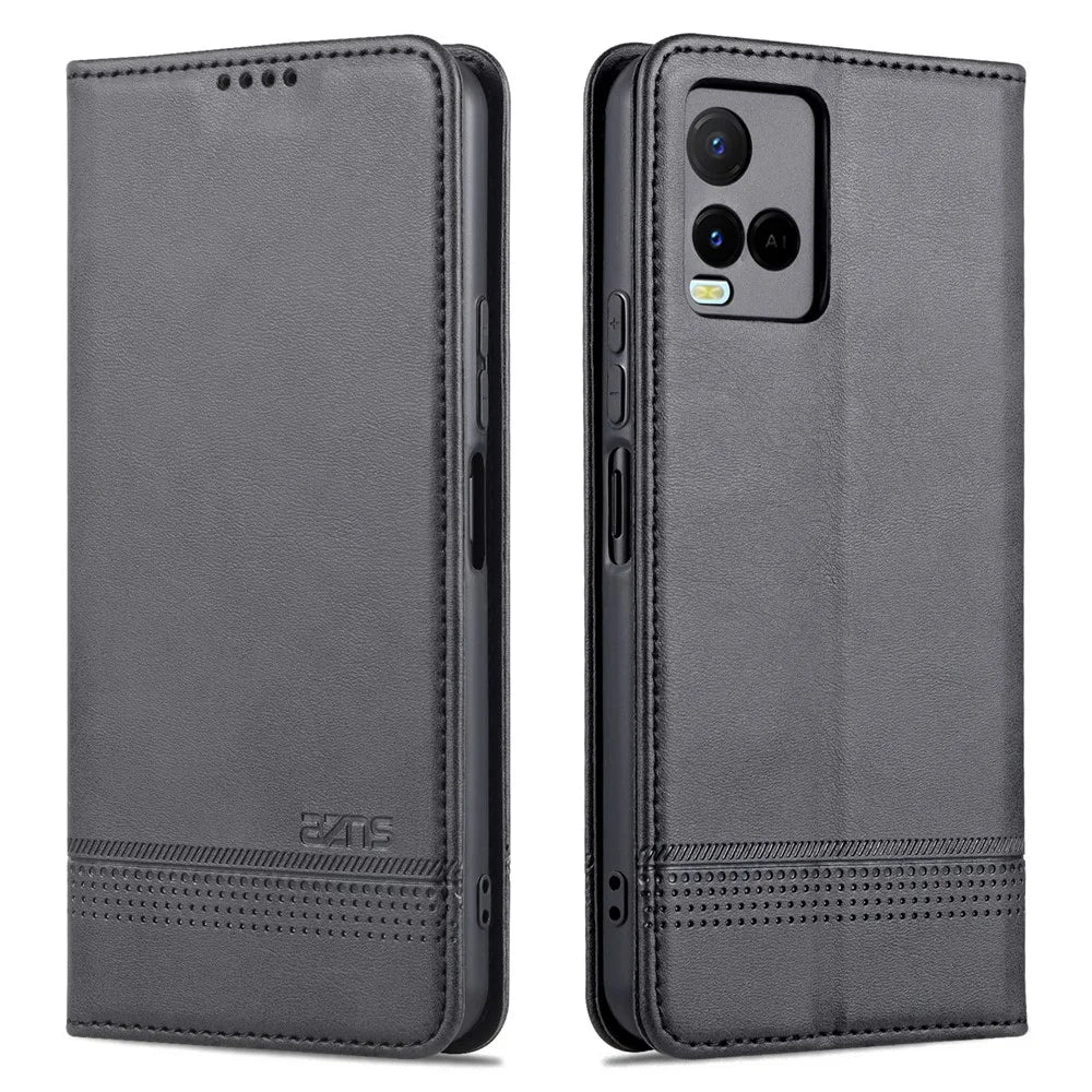AZNS Shockproof Wallet Stand Design Magnetic Auto Closing PU Leather Phone Case Cover for vivo Y21/Y33s - Black - 1