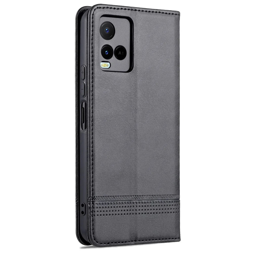 AZNS Shockproof Wallet Stand Design Magnetic Auto Closing PU Leather Phone Case Cover for vivo Y21/Y33s - Black - 3