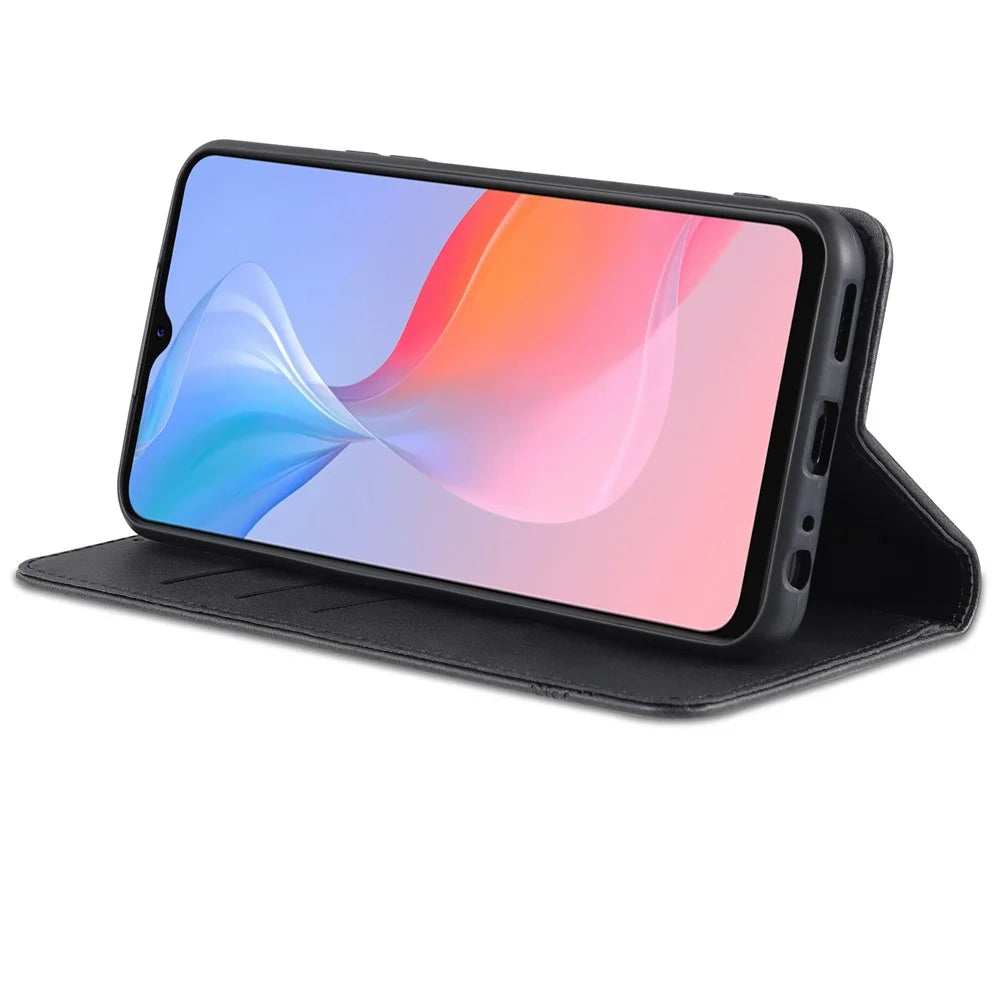 AZNS Shockproof Wallet Stand Design Magnetic Auto Closing PU Leather Phone Case Cover for vivo Y21/Y33s - Black - 5