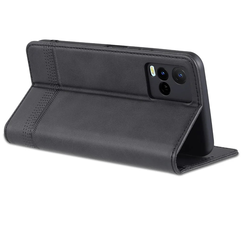 AZNS Shockproof Wallet Stand Design Magnetic Auto Closing PU Leather Phone Case Cover for vivo Y21/Y33s - Black - 6