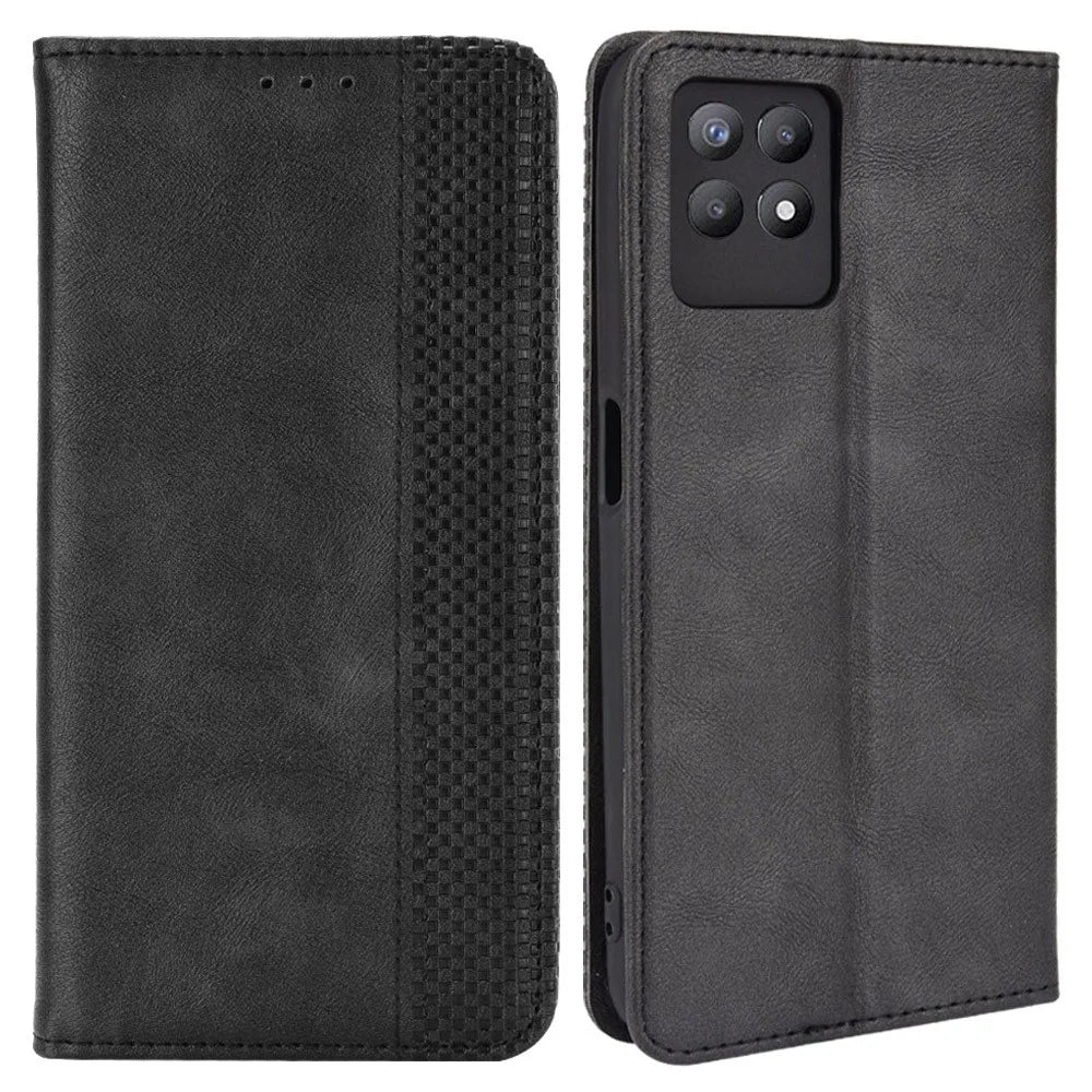 For Realme 8i Retro Textured Surface Shockproof Wallet Stand Well-Protected Phone Leather Case - Black - 1