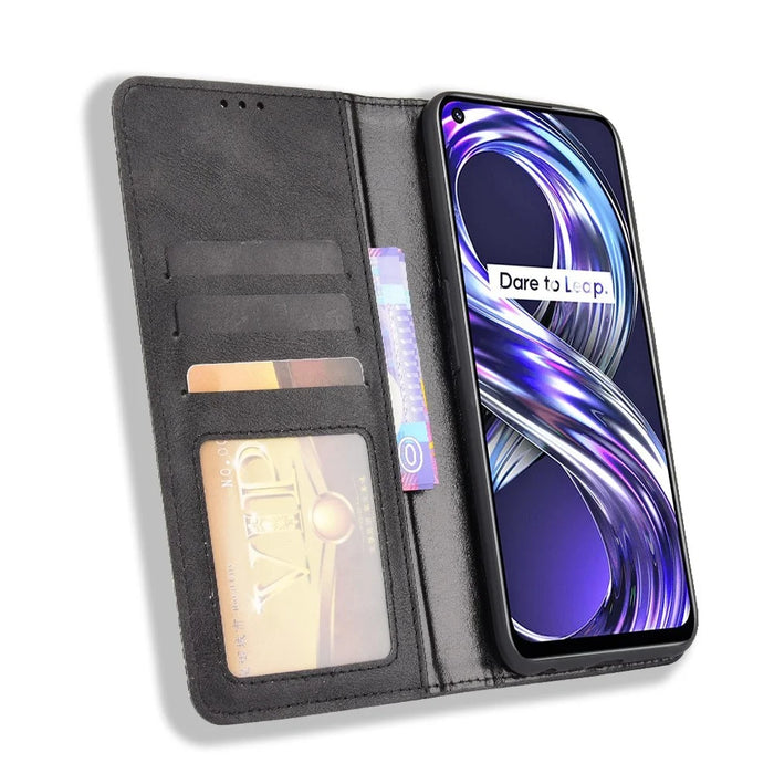 For Realme 8i Retro Textured Surface Shockproof Wallet Stand Well-Protected Phone Leather Case - Black - 5