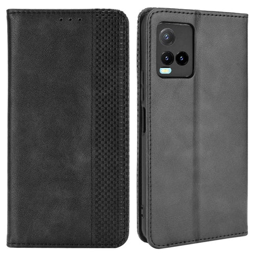 Retro Textured Surface Magnetic Automatic Closing for vivo Y33s 4G / Y21 / Y21s / Y32 4G / Y21t 4G / Y21e 4G / Y21a 4G / Y21G / T1X 4G / Y33t Leather Phone Wallet Stand Cover - Black - 1