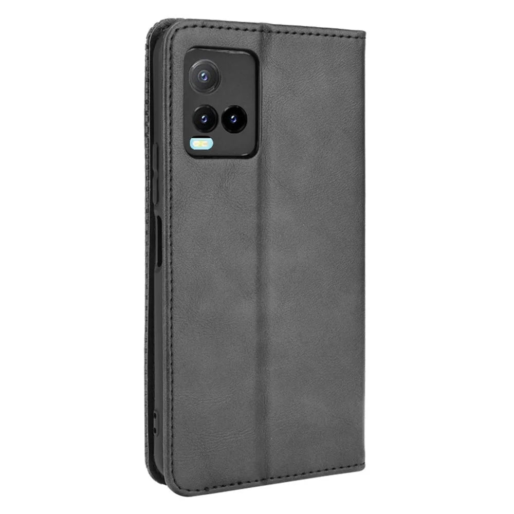 Retro Textured Surface Magnetic Automatic Closing for vivo Y33s 4G / Y21 / Y21s / Y32 4G / Y21t 4G / Y21e 4G / Y21a 4G / Y21G / T1X 4G / Y33t Leather Phone Wallet Stand Cover - Black - 3