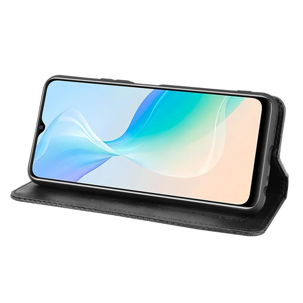 Retro Textured Surface Magnetic Automatic Closing for vivo Y33s 4G / Y21 / Y21s / Y32 4G / Y21t 4G / Y21e 4G / Y21a 4G / Y21G / T1X 4G / Y33t Leather Phone Wallet Stand Cover - Black - 4