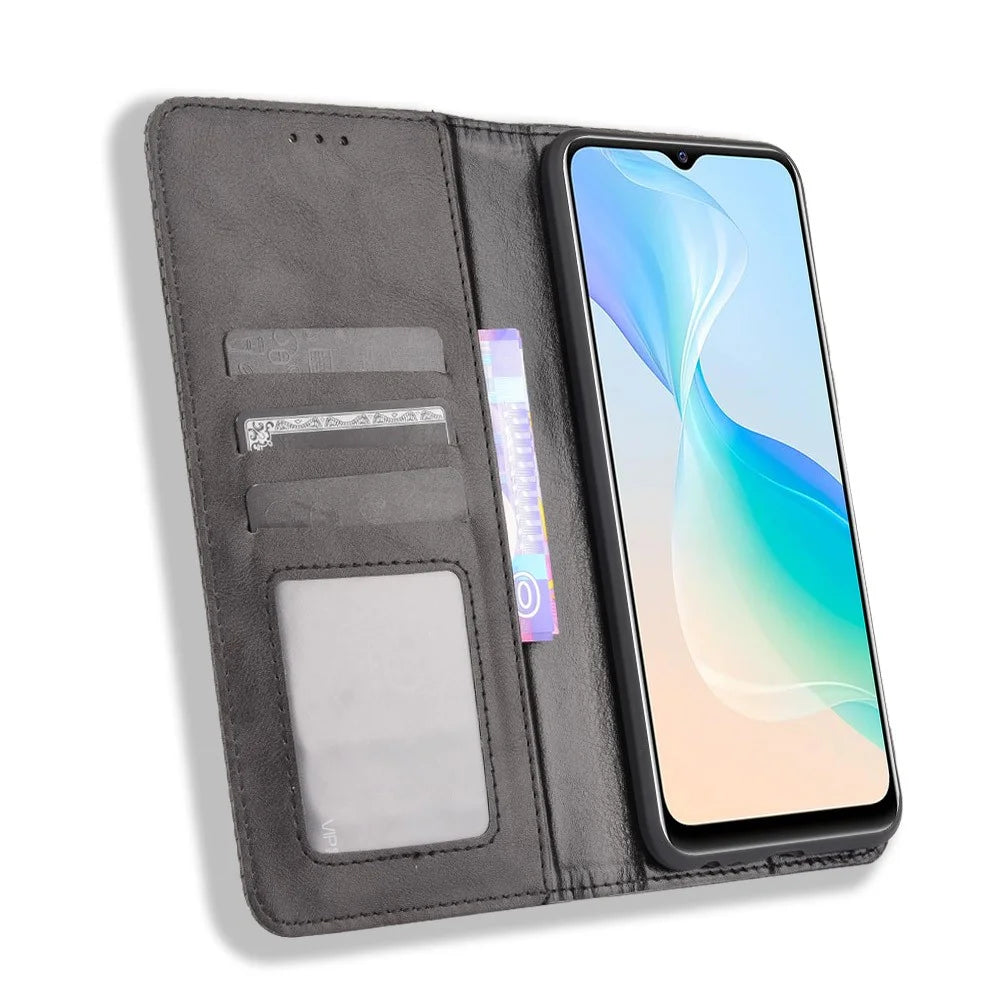 Retro Textured Surface Magnetic Automatic Closing for vivo Y33s 4G / Y21 / Y21s / Y32 4G / Y21t 4G / Y21e 4G / Y21a 4G / Y21G / T1X 4G / Y33t Leather Phone Wallet Stand Cover - Black - 5
