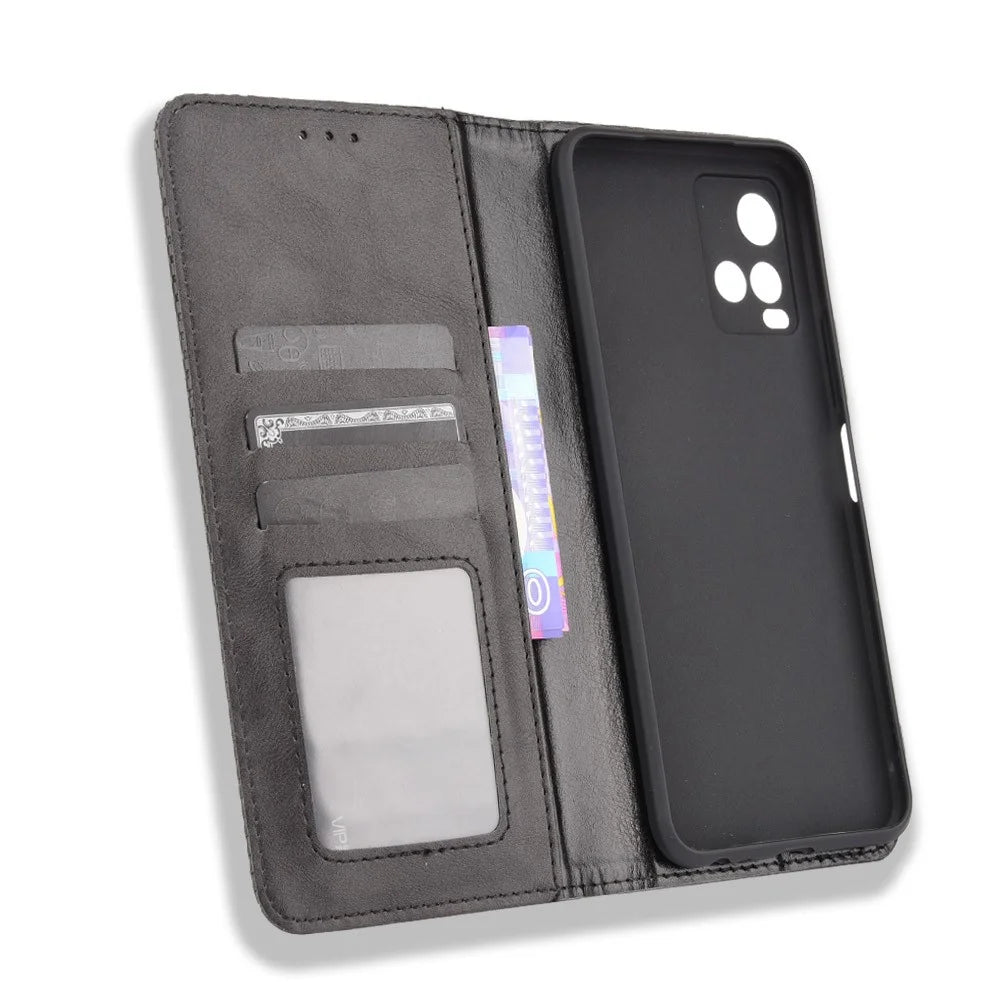 Retro Textured Surface Magnetic Automatic Closing for vivo Y33s 4G / Y21 / Y21s / Y32 4G / Y21t 4G / Y21e 4G / Y21a 4G / Y21G / T1X 4G / Y33t Leather Phone Wallet Stand Cover - Black - 6
