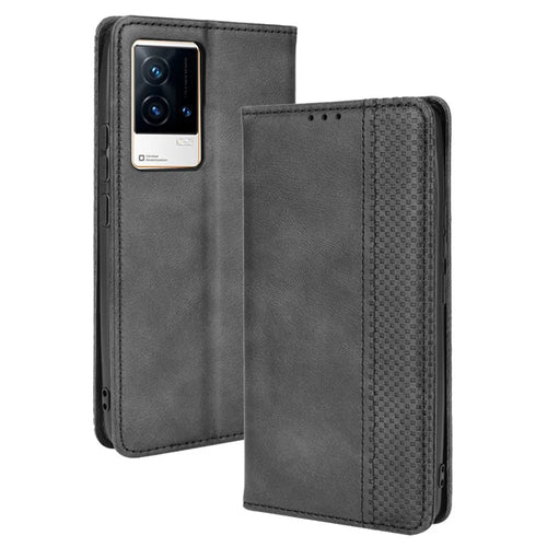 Retro Textured Surface Anti-Drop Phone Leather Case Wallet Stand Cover for vivo iQOO 8 - Black - 1