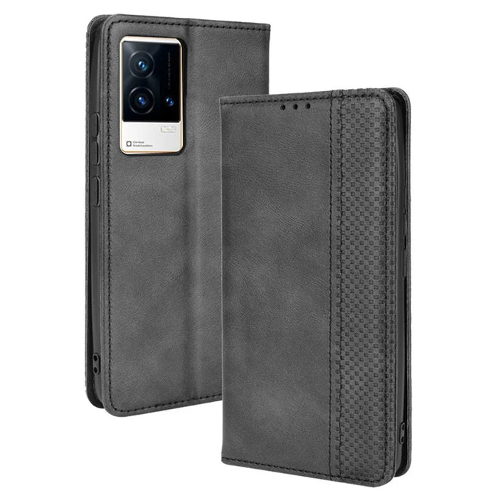 Retro Textured Surface Anti-Drop Phone Leather Case Wallet Stand Cover for vivo iQOO 8 - Black - 1