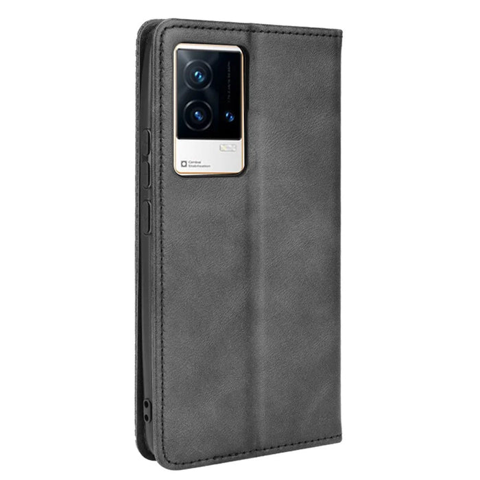 Retro Textured Surface Anti-Drop Phone Leather Case Wallet Stand Cover for vivo iQOO 8 - Black - 3