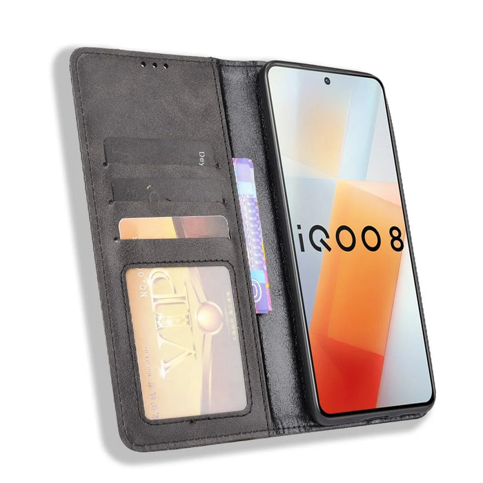 Retro Textured Surface Anti-Drop Phone Leather Case Wallet Stand Cover for vivo iQOO 8 - Black - 4