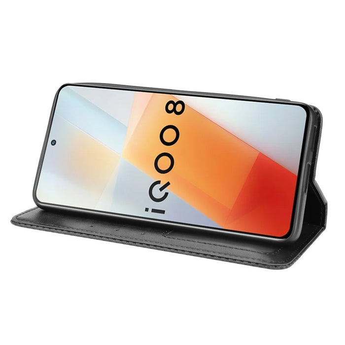 Retro Textured Surface Anti-Drop Phone Leather Case Wallet Stand Cover for vivo iQOO 8 - Black - 5