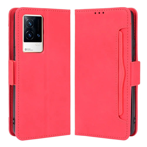 Multiple Card Slot Design Flip Phone Case PU Leather Wallet Cover Protector for vivo iQOO 8 - Red - 1